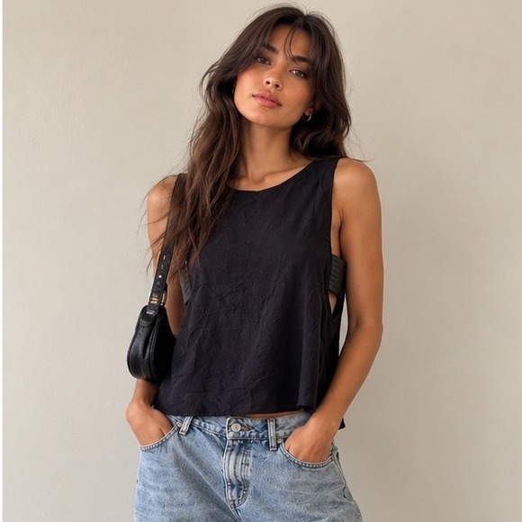 Veda Tops - VEDA Navy‎ Rayon Sheep Leather Trim Open Back Sleeveless Tank Top XS